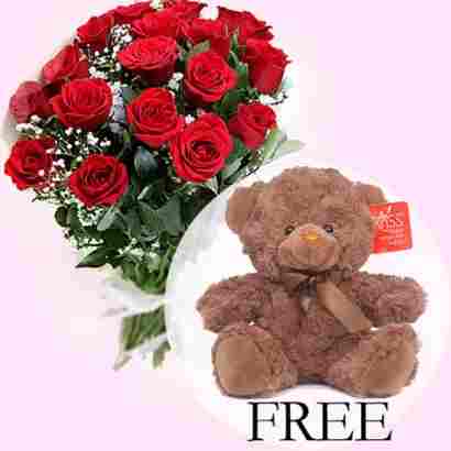 Teddy Bear & Red Roses Bouquet